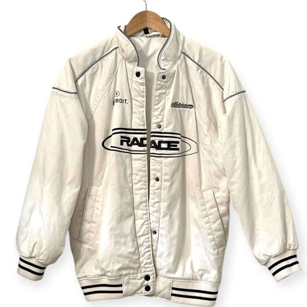Y2K Racing Bomber Jacket Ivory Varsity Moto Streetwear Oversized